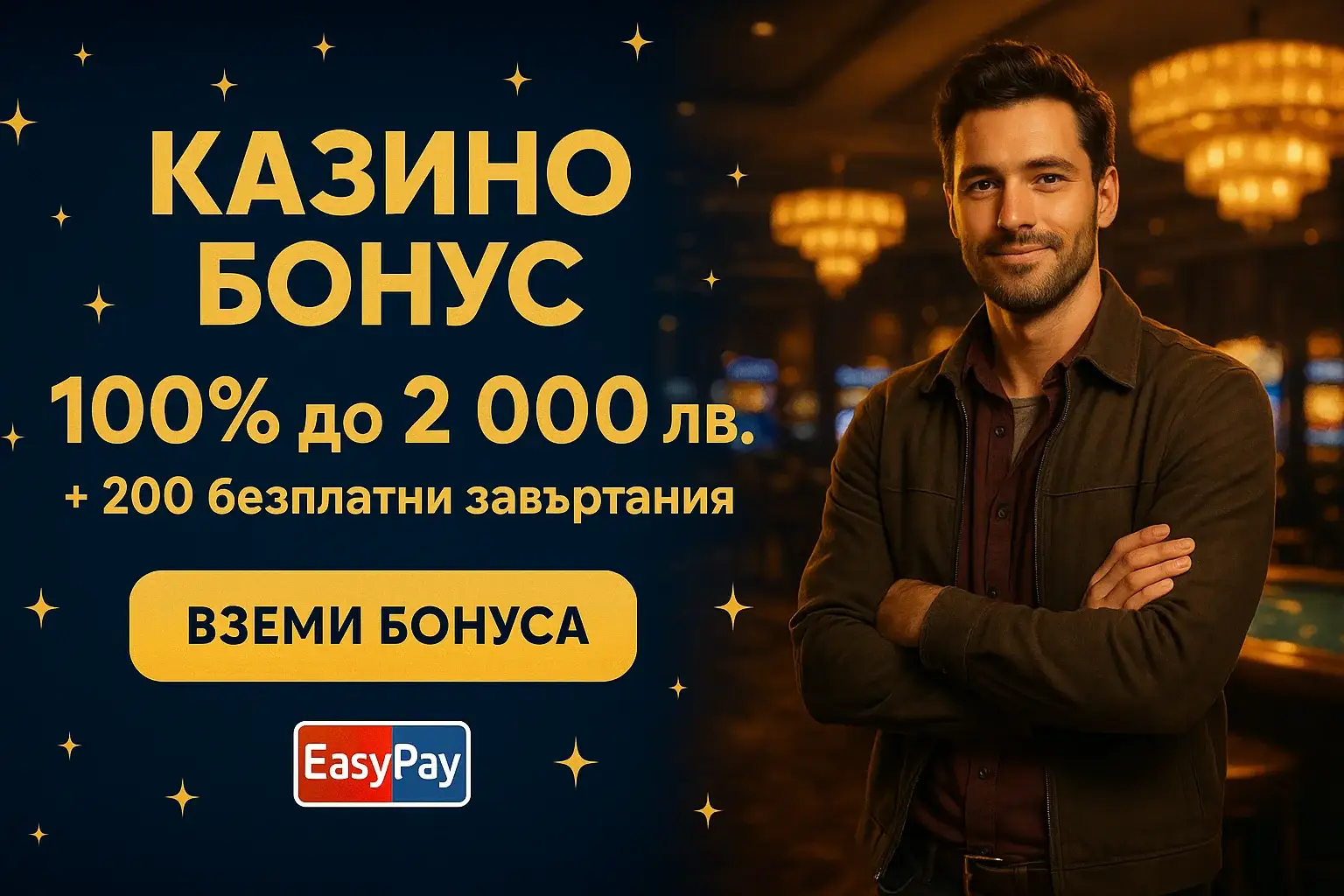 Банер за казино бонус с мъж, златни звезди и бутон Вземи бонуса
